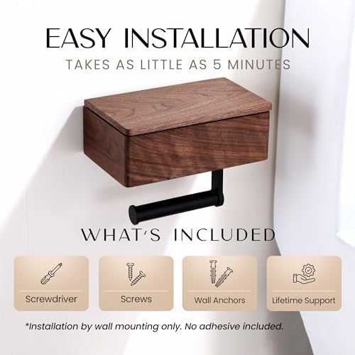 Day Moon™ Wood Toilet Paper Holder with Shelf, Wipe Holder for Bathroom, Flushable Wipes Dispenser, Toilet Paper and Wipes Holder - Toilet Paper Holder with Storage, Toilet Paper Holder Wall Mount