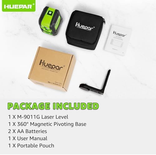 Huepar Laser Level, 100ft Self Leveling Green Cross Line Laser for Picture Hanging, Tile, Decoration & DIY Indoor Construction – 360° Magnetic Base & Battery Included