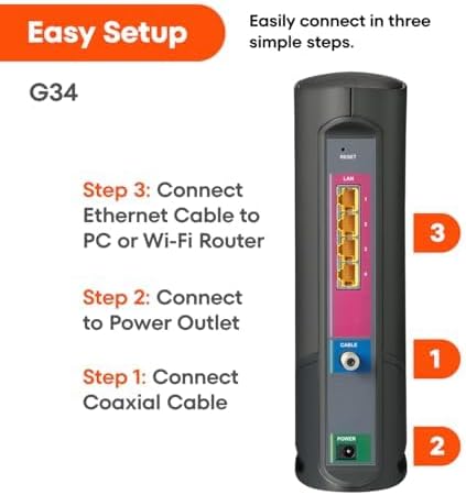 ARRIS (G34) - Cable Modem Router Combo - Fast DOCSIS 3.1 Gigabit WiFi 6 (AX3000), Approved for Comcast Xfinity, Cox, Spectrum & More, 1 Gbps Max Internet Speeds