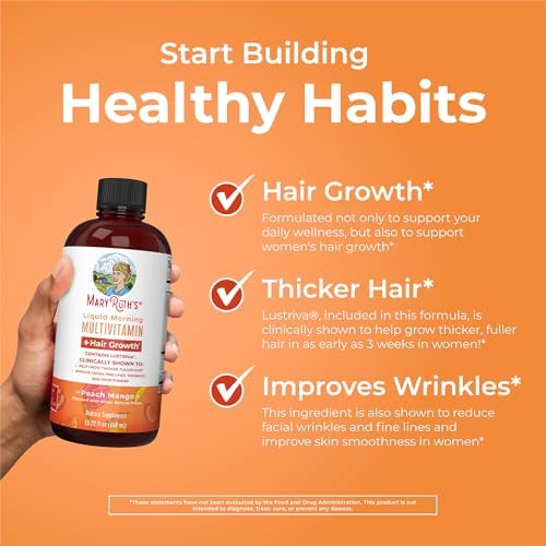 MaryRuth's Liquid Multivitamin + Hair Growth | Biotin 10000mcg | Lustriva Hair Growth Supplement | Clinically Tested in Women for Thicker Hair & Facial Wrinkles | Skin Care | Ages 18+ | 15.22 Fl Oz