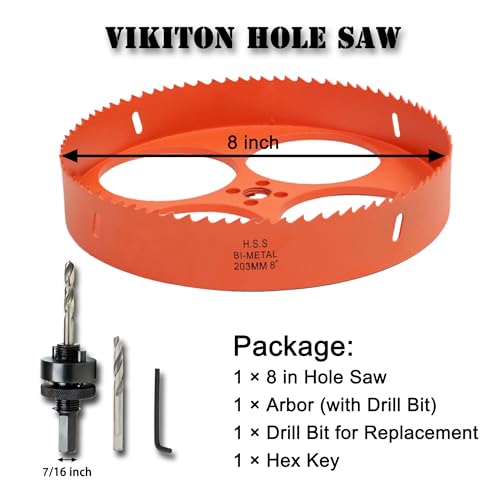 8 Inch Hole Saw with Arbor for Metal Wood Plastic, 8 in Bi-Metal Hole Cutter for Different Project with Smooth and Flat Drilling Edge, Fast Chip Removal,Lighter and Portable