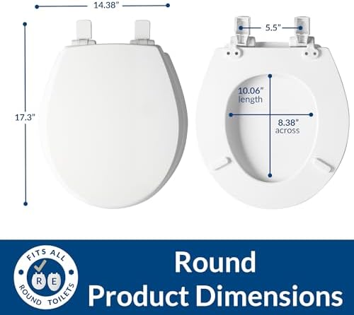 Mayfair Cassel Slow Close Toilet Seat, Easy Clean, Non Slip Premium Wood Seat, Easy Install, Made in USA, Round, White