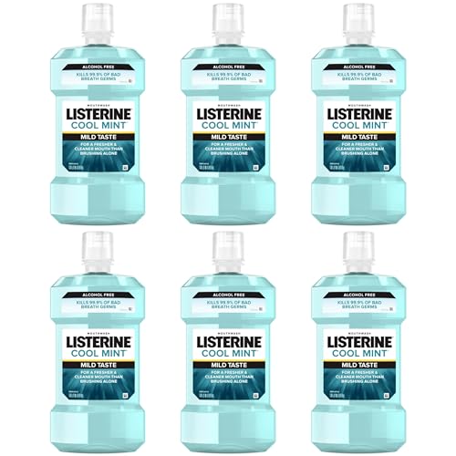 Listerine Cool Mint Alcohol Free Mouthwash, Bad Breath Germ Killing, Bad Breath Treatment Oral Rinse for Adults; Cool Mint Flavor, 500 mL, 6 Pack