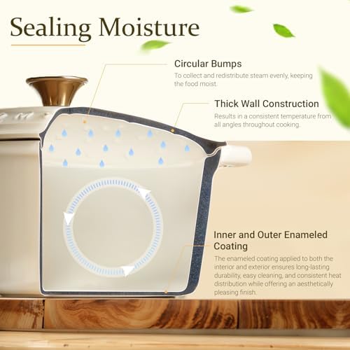 Overmont Enameled Cast Iron Dutch Oven - 5.5QT Pot with Lid Cookbook & Cotton Potholders - Heavy-Duty Cookware for Braising, Stews, Roasting, Bread Baking white