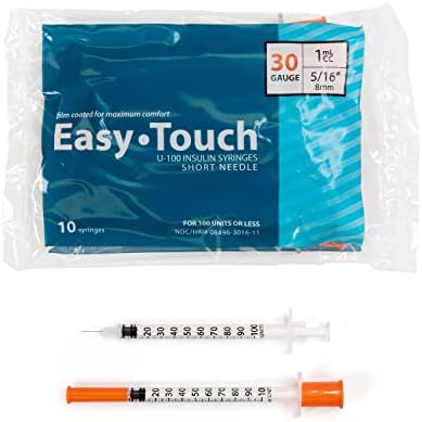 Easy Touch U-100 Insulin Syringe with Needle, 30G 1cc 5/16-Inch (8mm), Box of 100