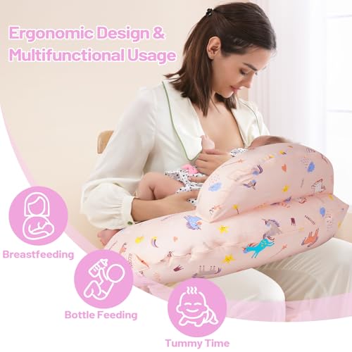 Nursing Pillow, Breastfeeding Pillows, with Removable Pillow Cover, Ergonomic Nursing Essentials for Bottle Feeding, Machine Washable, Pink