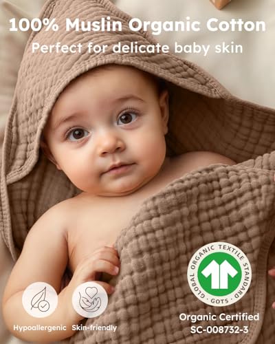 Yoofoss Hooded Baby Towels for Newborn 2 Pack 100% Muslin Organic Cotton Baby Bath Towel with Hood for Babies, Infant, Toddler and Kids, 32x32Inch, Soft and Absorbent Newborn Essential, Beige&Coffee