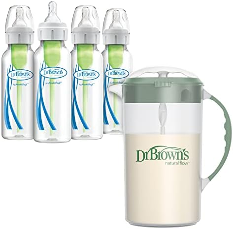 Dr. Brown's Baby Formula Mixing Pitcher 32oz, Olive with Anti-Colic Options+ Narrow Baby Bottles, 4 Pack, 8 oz