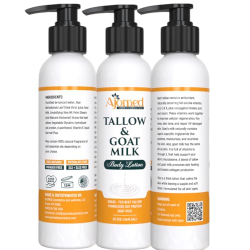 Grass Fed Beef Tallow & Goat Milk Body Lotion for Sensitive Skin, Organic Tallow Lotion - Soothes Dry Patches, dry skin eczema Moisturizer - Handmade Tallow Body Lotion (Sandalwood Vanilla, 12 Oz)