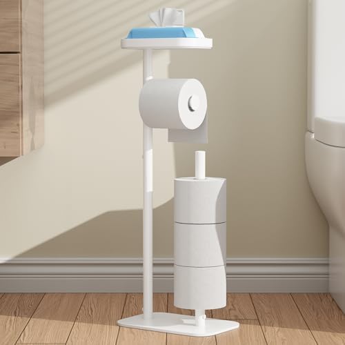 Kitsure Toilet Paper Holder Free Standing – Rustproof Metal Toilet Paper Stand for 4 Rolls with Anti-Slip Base and Shelf for Phone & Small Items, Bathroom Organizers and Storage, Large, White
