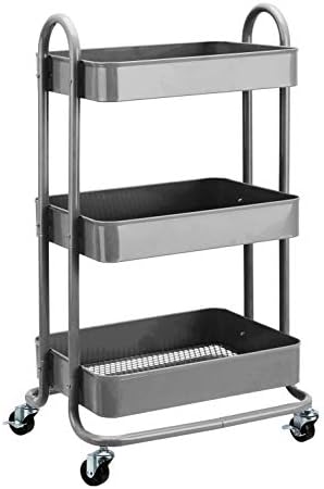 Amazon Basics 3-Tier Rolling Utility or Kitchen Cart, Lockable Wheels, Multifunctional Storage, Charcoal