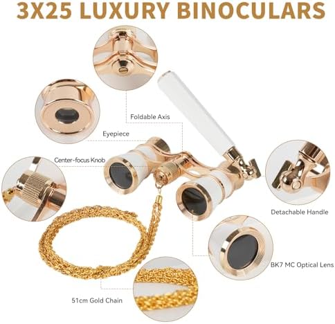 3X25 Opera Glasses for Women with Adjustable Handle & Chain,BK7 Optical Lens, Vintage Compact Mini Theater Binoculars Adults Kids in Opera Musical Concert-White