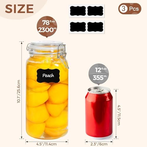 ComSaf Airtight Glass Canister Set of 3 with Lids 78oz Food Storage Jar Square - Storage Container with Clear Preserving Seal Wire Clip Fastening for Kitchen Canning Flour, Cereal, Pasta, Sugar, Beans