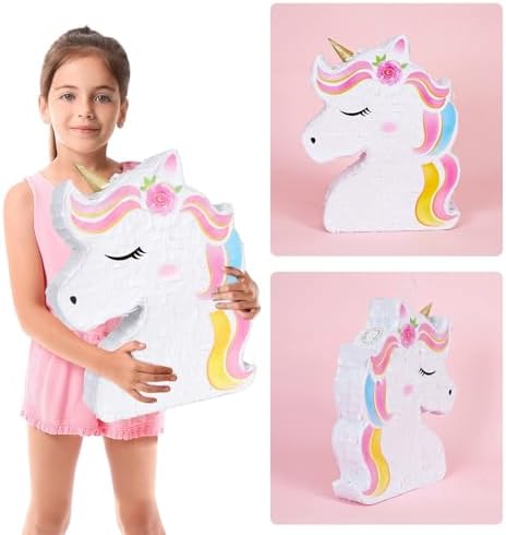 WERNNSAI Unicorn Piñata - Unicorn Party Supplies Piñata Bundle with Blindfold and Bat for Girls Kids Rainbow Unicorn Theme Birthday Party Game Decorations (15.7" x 12.2" x 3.1")