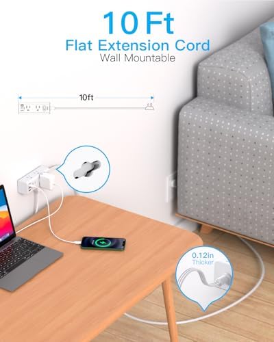 One Beat 10Ft Extension Cord with Multiple Outlets,Flat Plug Power Strip Surge Protector with 10 Ft Long Cord,6 Outlet 3 USB Ports (1USB C),Multi Outlet Wall Plug for Travel,College,Dorm Essentials