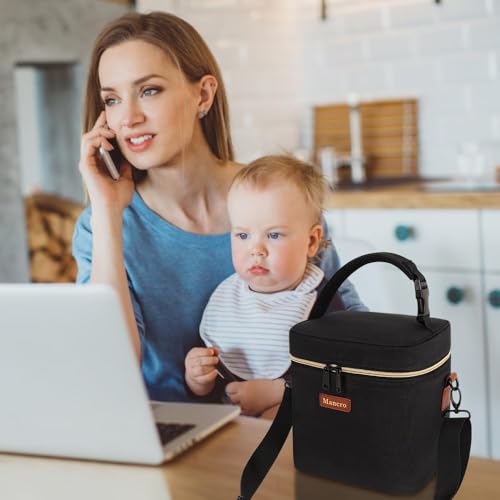 Mancro Baby Bottle Cooler Bag for Breast Milk, Includes Ice Pack, Fits 6 x 9oz Bottles, Insulated Daycare Bag for Nursing Moms, Leakproof Breastmilk Tote,Blue & Beige