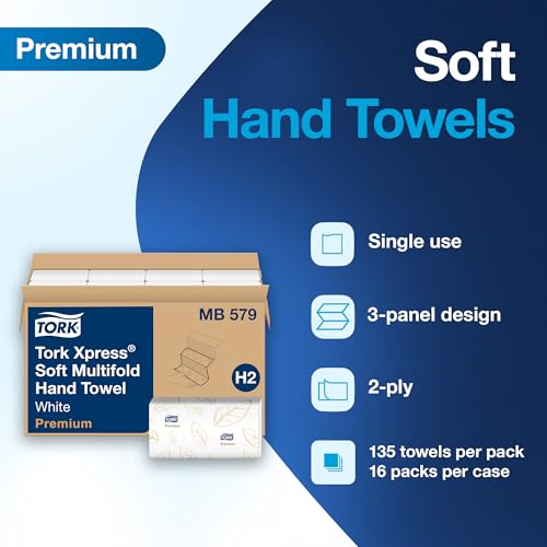 Tork Soft Xpress Multifold Paper Hand Towels White, H2 System Compatible 16 Packs X 135 Towels Each (MB579)