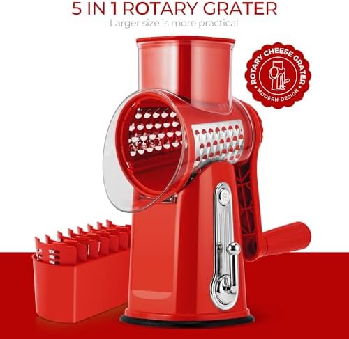 SUSTEAS Rotary Cheese Grater with Handle - Vegetable Shredder with 5 Well-designed Blades & Strong Suction Base,Round Mandoline Slicer & Food Chopper for Kitchen,with Blade Storage Box(Red)
