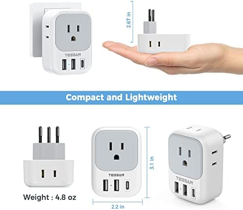 TESSAN Switzerland Power Adapter, Swiss Travel Adaptor with 4 American Outlets 3 USB Charger (1 USB C Port), Type J Plug for US to Liechtenstein Rwanda