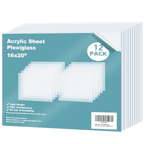 Egofine Plexiglass Sheets Acrylic Sheets 12 Pack of 16x20’’ 0.04 Thick Clear Plastic Cast Transparent Plexi Glass for Crafting Projects, Replacement Picture Frame Glass, DIY Display, Easy to Cut