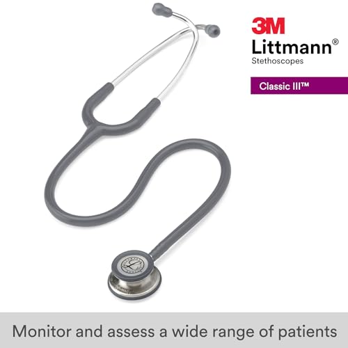 3M Littmann Classic III Monitoring Stethoscope, 5621, More Than 2X as Loud, Weighs Less, Stainless Steel Chestpiece, 27" Grey Tube