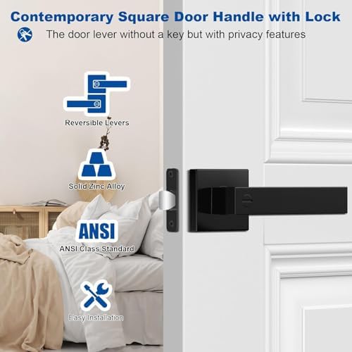 5 Pack Matte Black Door Handles Interior Door Knobs, Home Improvement Keyless Privacy Door Lock, Heavy Duty Zinc Alloy 2.07 lb Door Leverset for Bedrooms Bathrooms