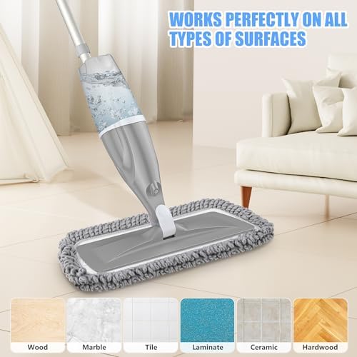 Microfiber Spray Mops for Floors Cleaning: EXEGO Dust Mop Wet Mop with 3 Washable Resuable Pads -440ML Refillable Bottle and 1 Scraper - Flat Floor Mop for Hardwood Laminate Ceramic Tiles Vinyl Woood