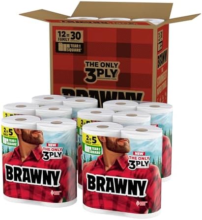 Brawny Tear-A-Square 3-Ply Paper Towels, 12 XL Family Rolls = 30 Regular Rolls, Strong, Absorbent, and Durable with 3 Sheet Sizes (Quarter, Half, Full)