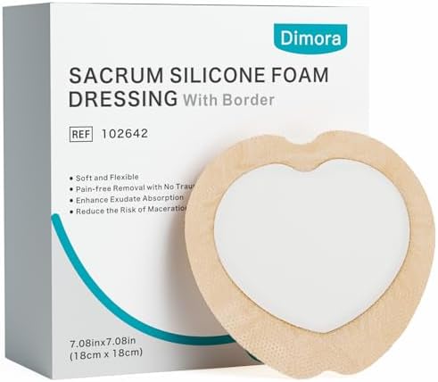 Dimora Sacrum Foam Wound Dressing (20 Packs)- Silicone Foam Bandages Adhesive Border 7"x7", Absorbent Sacral Pads Waterproof Breathable Bed Sore Pressure Dressing