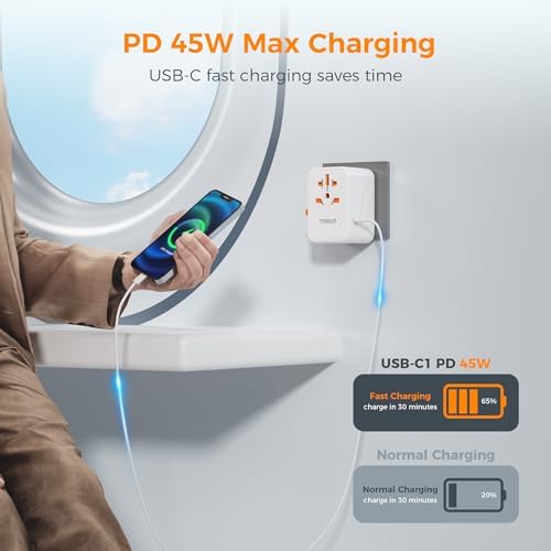 TESSAN Universal Travel Adapter, 45W International Plug Adaptor with 2 USB C 3 USB A Ports, Travel Worldwide Power Outlet for US to European EU UK AUS Ireland(Type C/G/A/I)