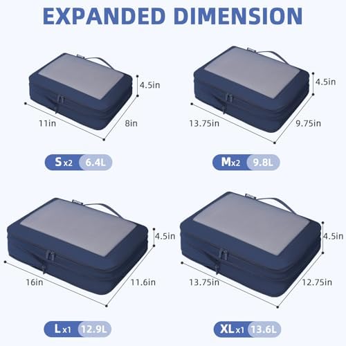 BAGAIL 4 Set/6 Set/8 Set Compression Packing Cubes Travel Accessories Expandable Packing Organizers (Square Mesh, 06-Navy)