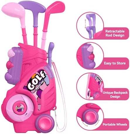Liberry Toddler Golf Set with Putting Mat for 2 3 4 Years Old Boys Girls, Upgraded Kids Golf Cart with Unique Shoulder Strap Design, Indoor and Outdoor Golf Toys Gifts (Pink)