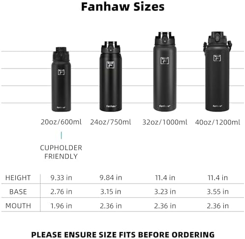 Fanhaw 20 Oz Insulated Stainless Steel Water Bottle with 1 Lid (Chug Lid) - For Kids, Women, Men | Leak & Sweat Proof with Anti-Dust Lid (Black)