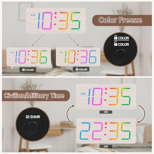 DreamSky Wooden Digital Clock for Bedroom Desk - RGB Loud Alarm Clock for Heavy Sleepers with Volume Control, Large Numbers with Dimmer for Living Room Office, Wood Decor (Adapter Powered)
