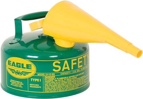 Eagle 1 Gallon Type I Green Safety Gas Can for Oil and Other Combustibles with Flame Arrester, Self-Closing Lid, and F-15 Funnel, Made in the USA, Galvanized Steel Flammable Storage Can, UI10FSG