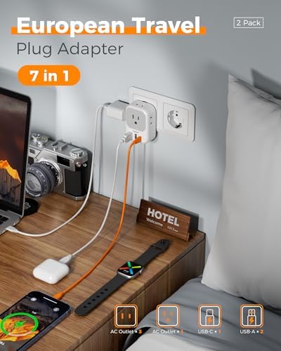 2 Pack European Plug Adapter USB C, TESSAN US to Europe Adapter 4 Outlets 3 USB Charger, Type C International Power Adaptor to Italy Spain France Portugal Iceland Germany, Europe Travel Essentials