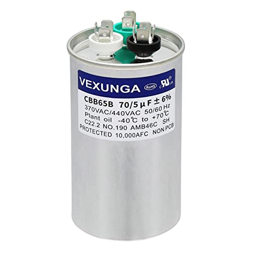 70/5 uF 70+5 MFD 370VAC or 440VAC Dual Run Start Round A/C Capacitor CBB65 CBB65B Air Conditioner Capacitors for AC Unit Fan Motor Start or Heat Pump or Condenser Straight Cool
