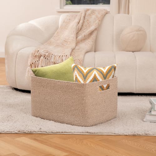 OIAHOMY 75L Large Blanket Basket, Woven Blanket Storage Basket with Handle, Cotton Rope Basket for Organizing 22”x17”x12”, Blanket Basket living Room, Toy Basket for Nursery, Brown variegated