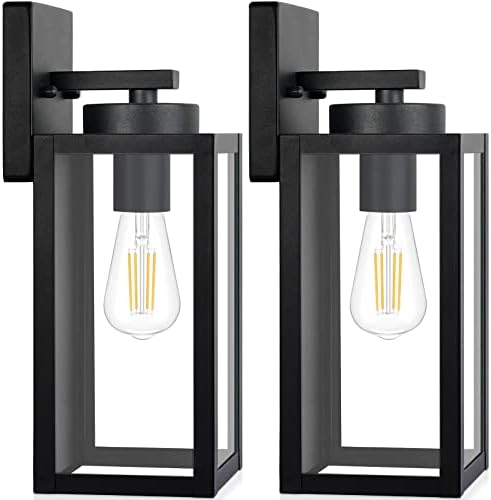 Outdoor Wall Light Fixtures, Exterior Waterproof Lanterns, Porch Sconces Wall Mounted Lighting with E26 Sockets & Glass Shades, Modern Matte Black Wall Lamps for Patio Front Door Entryway, 2-Pack