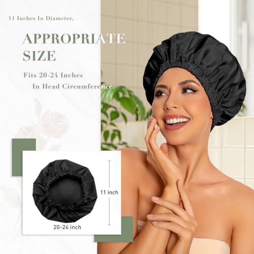 Reusable Shower Cap for Women, Large Waterproof Shower Bonnet Washable Elastic Band Bath Accessories Hair Hat for Long Hair, Braids(Black&Gray)