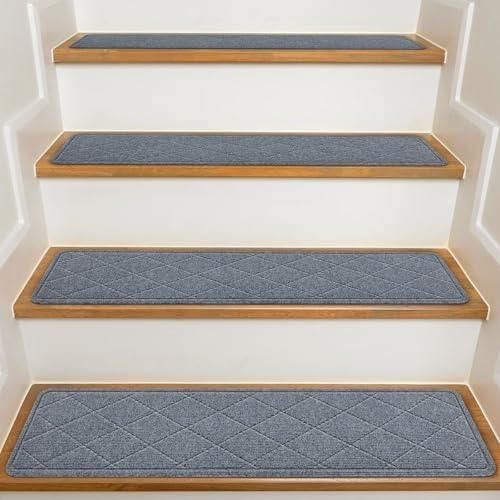 Stair Treads for Wooden Steps Indoor, 15 Pack 8" X 30" Non Slip Carpet Stair Treads with Reusable Adhesive for Kids Elders and Dogs, Surface Polyester TPR Backing Stair Runner Rugs, Dark Grey