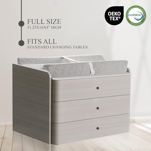 Organic Cotton Contoured Baby Changing Pad w/Waterproof Foam Mattress, Includes Soft, Removable & Washable Cover, Safety Strap, Non-Slip Bottom, Topper for Standard Size Infant Diaper Table & Dresser