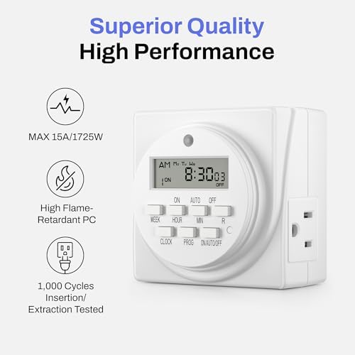 BN-LINK 7-Day Heavy Duty Digital Programmable Timer, 120V, 60Hz, Dual Outlet forLight, ETL Listed (2-Pack)
