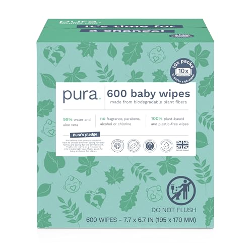 Pura Natural Sensitive Baby Wipes, 99% Water, Unscented & Hypoallergenic, Suitable for Sensitive & Eczema-prone Skin, Hypoallergenic, EWG Verified, 10 Pack of 60 Wet Wipes (600 Diaper Wipes) Bulk Buy