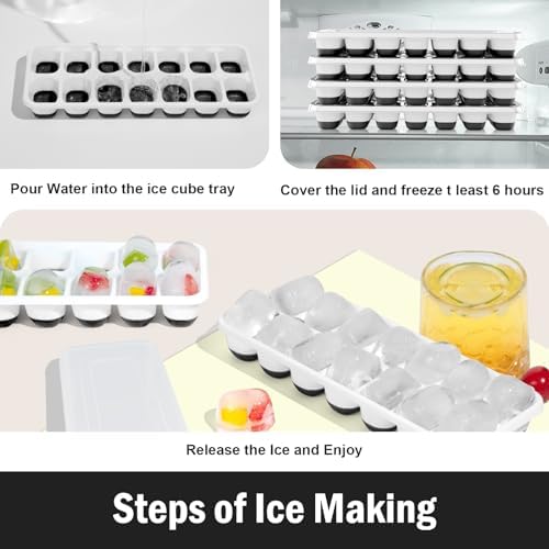 Ice Cube Trays with Lid and Bin, Ice trays for Freezer - Easy to Release Silicone Ice cube mold, Stackable Reusable Plastic Ice Molds for Cocktails, Whiskey, Drinks and Iced Coffee, BPA-Free