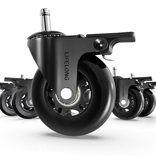 Lifelong Office Chair Wheels Replacement Rubber Desk Chair Casters for Hardwood Floors and Carpet, Set of 5, Quiet & Smooth Rolling Casters with Brakes for Chairs to Replace Office Chair Mats