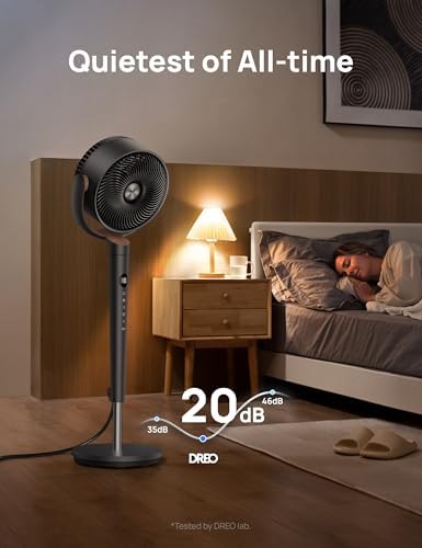 Dreo Fan for Bedroom, 120Β° Oscillating Standing Fans, Quiet Floor Fan with DC Motor, 100ft Pedestal Fans for Room, 9 Speeds, 4 modes, 20dB, 120Β° Manual Vertical, 37-42" Adjustable Height, 9H Timer