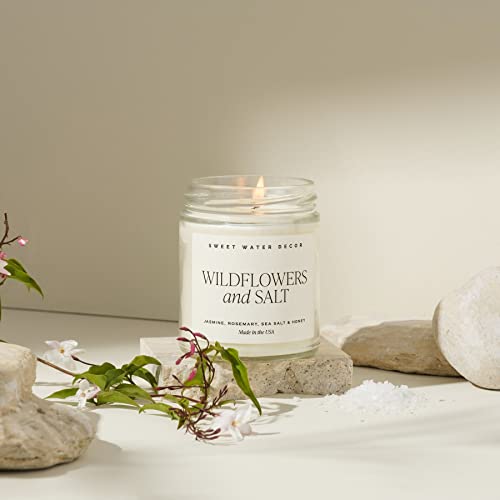 Sweet Water Decor Wildflowers and Salt Soy Candle - Lemon, Rosemary, Leafy Green and Jasmine Spring Candles for Home - 9oz Clear Jar + Gold Lid, 40+ Hour Burn Time, Made in The USA