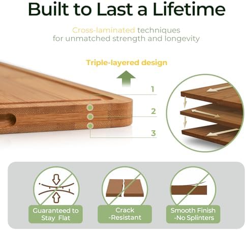 Bamboo Cutting Board, Durable Wood Cutting Boards for Kitchen with Deep Juice Grooves & Built-in Handles, Ideal Charcuterie & Chopping for Meat, Vegetables and Fruits Ideal Kitchen Gifts
