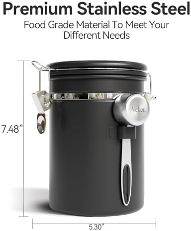 Veken Coffee Canister with Window,Airtight Stainless Steel Container,Home Kitchen Food Storage Organizers for Grounds,Beans,Espresso,Rice,Tea,Sugar,Flour, Cereal,Scoop,Bar Accessories,Gifts,22OZ,Black